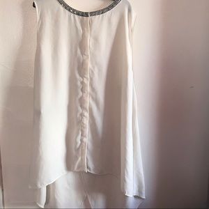 Rachel Roy beige shirt open back beaded neck.